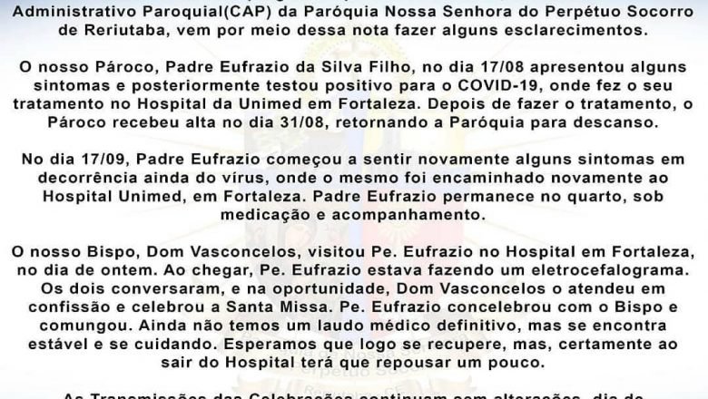 Nota Oficial sobre a saúde de Pe. Eufrasio da Silva Filho