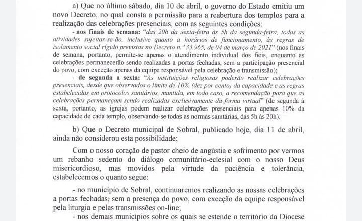 Nota Oficial da Diocese de Sobral sobre o novo decreto do Governo do Estado.