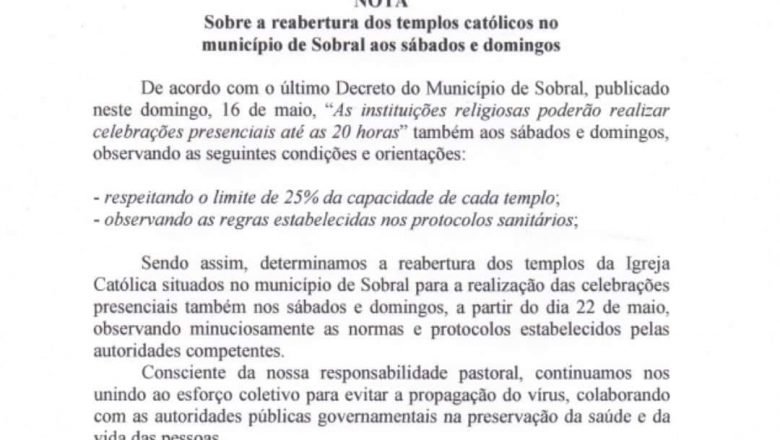 NOTA OFICIAL DA DIOCESE DE SOBRAL SOBRE O RETORNO DAS CELEBRAÇÕES PRESENCIAIS AOS FINAIS DE SEMANA